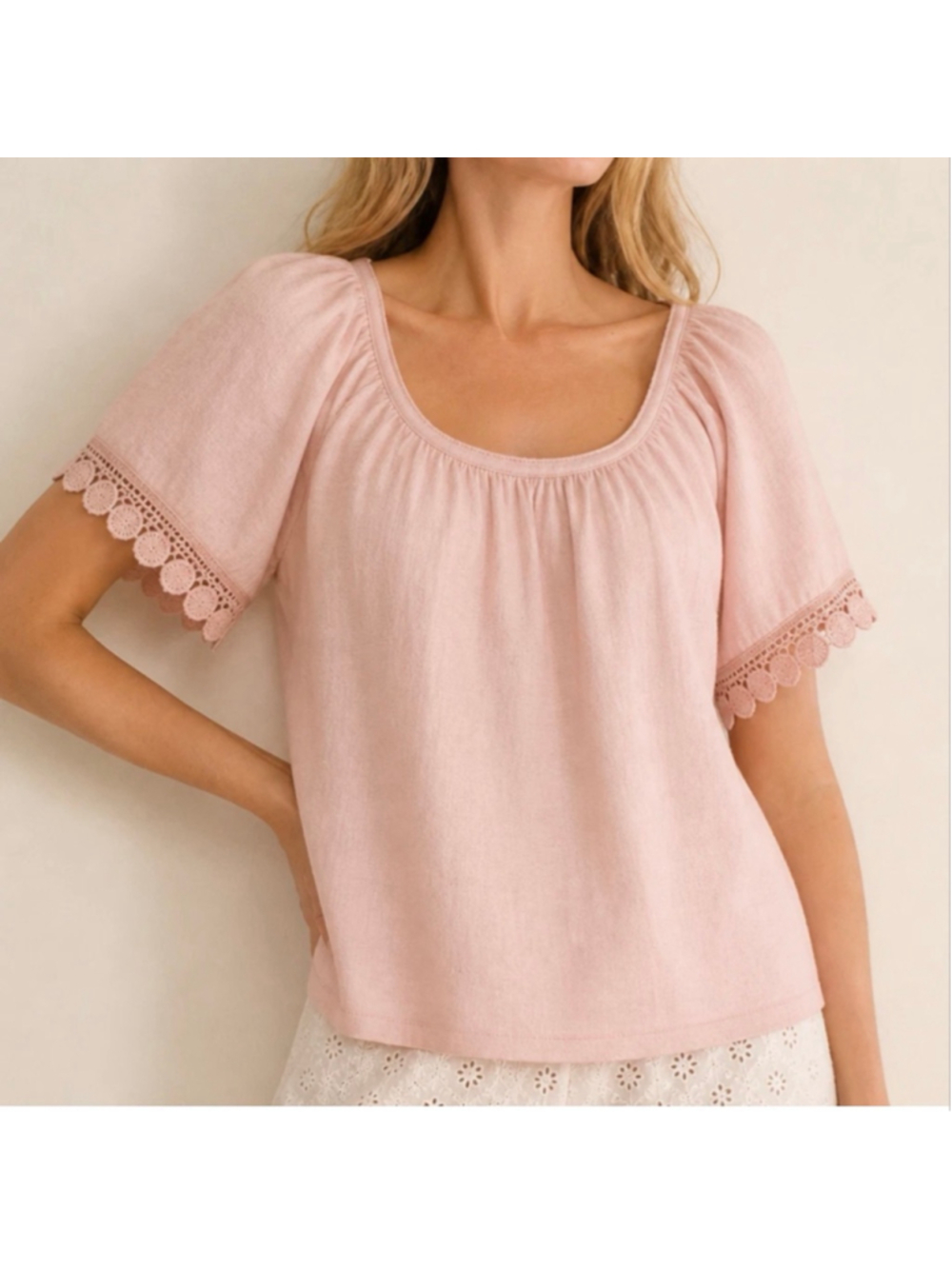 Blush Pink Linen Boho Blouse S Crochet Lace Trim Made in Italy Terzo Millennio